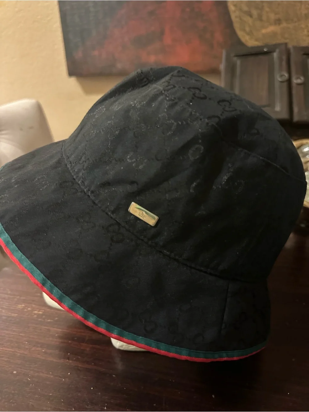 Designer Black GG Monogram Bucket Hat with Red and Green Trim